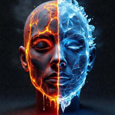 The primary subject of the image is a close-up of a head with a mix of red and blue colors. The setting is a dark background, which contrasts with the vibrant colors of the head. The visual style appears to be a digital art or illustration, as the colors and details are intricately rendered. The overall atmosphere of the image is dynamic and captivating, with the contrasting colors creating a striking visual effect.